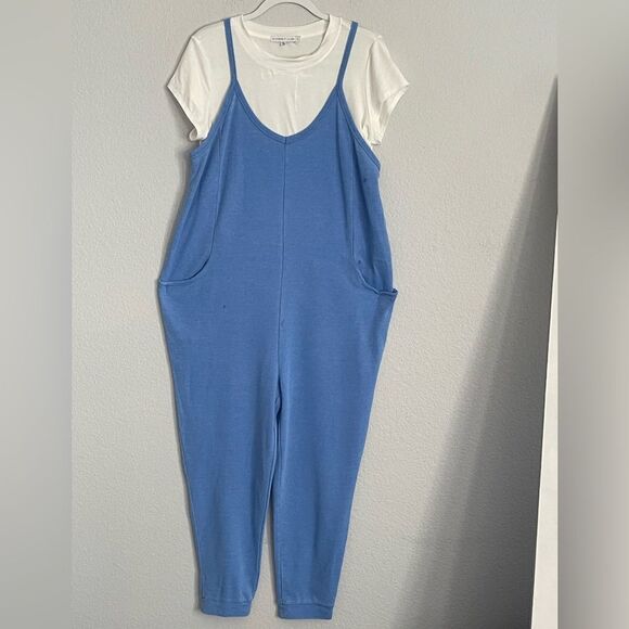 Sincerely Jules 2 piece French Terry Blue Overalls and Tee Sz: Lg Color: Lt Blue - Picture 3 of 11